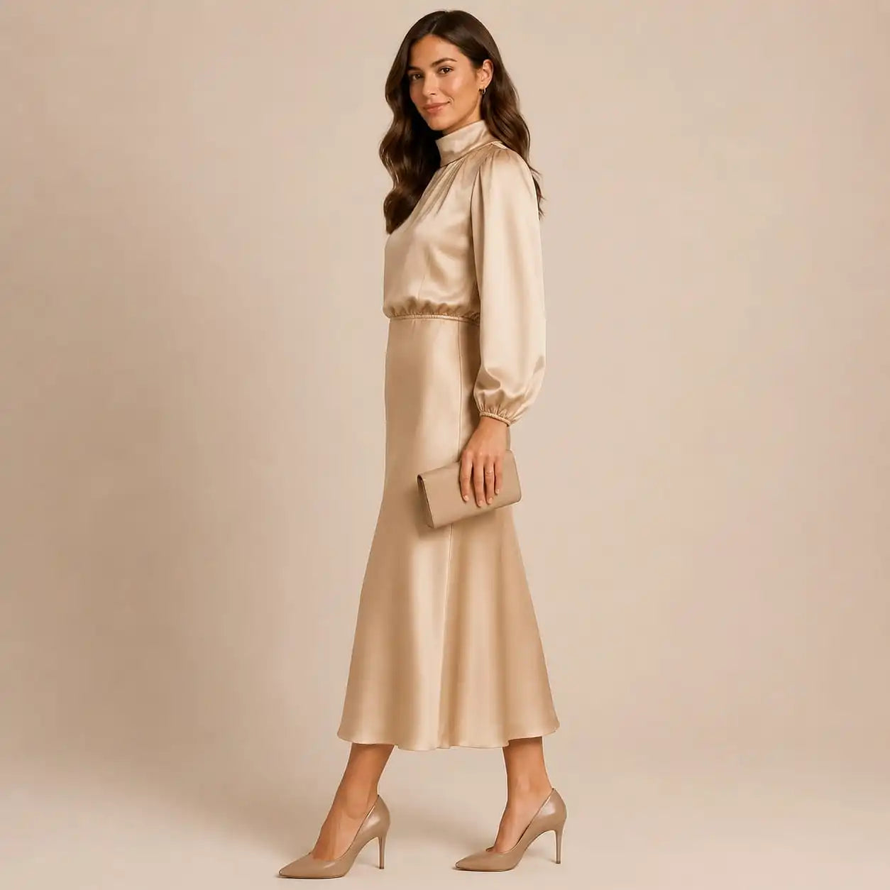 Ava Women's Satin Dress | Long Sleeves High Neck