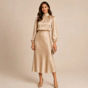 Ava Women's Satin Dress | Long Sleeves High Neck