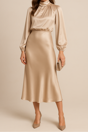 Ava Women's Satin Dress | Long Sleeves High Neck