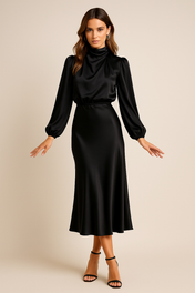 Ava Women's Satin Dress | Long Sleeves High Neck