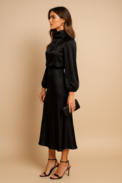 Ava Women's Satin Dress | Long Sleeves High Neck