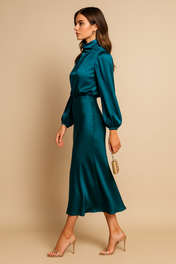 Ava Women's Satin Dress | Long Sleeves High Neck