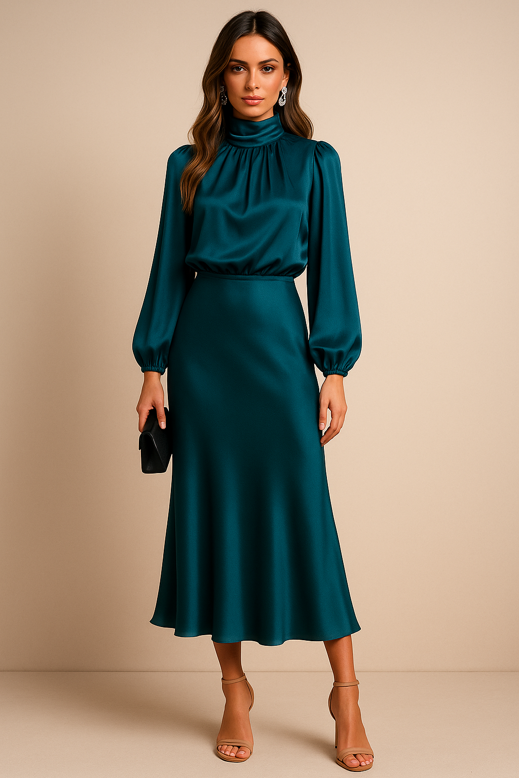 Ava Women's Satin Dress | Long Sleeves High Neck
