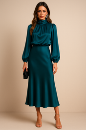 Ava Women's Satin Dress | Long Sleeves High Neck