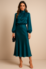 Ava Women's Satin Dress | Long Sleeves High Neck