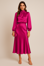 Ava Women's Satin Dress | Long Sleeves High Neck