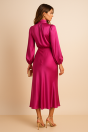 Ava Women's Satin Dress | Long Sleeves High Neck