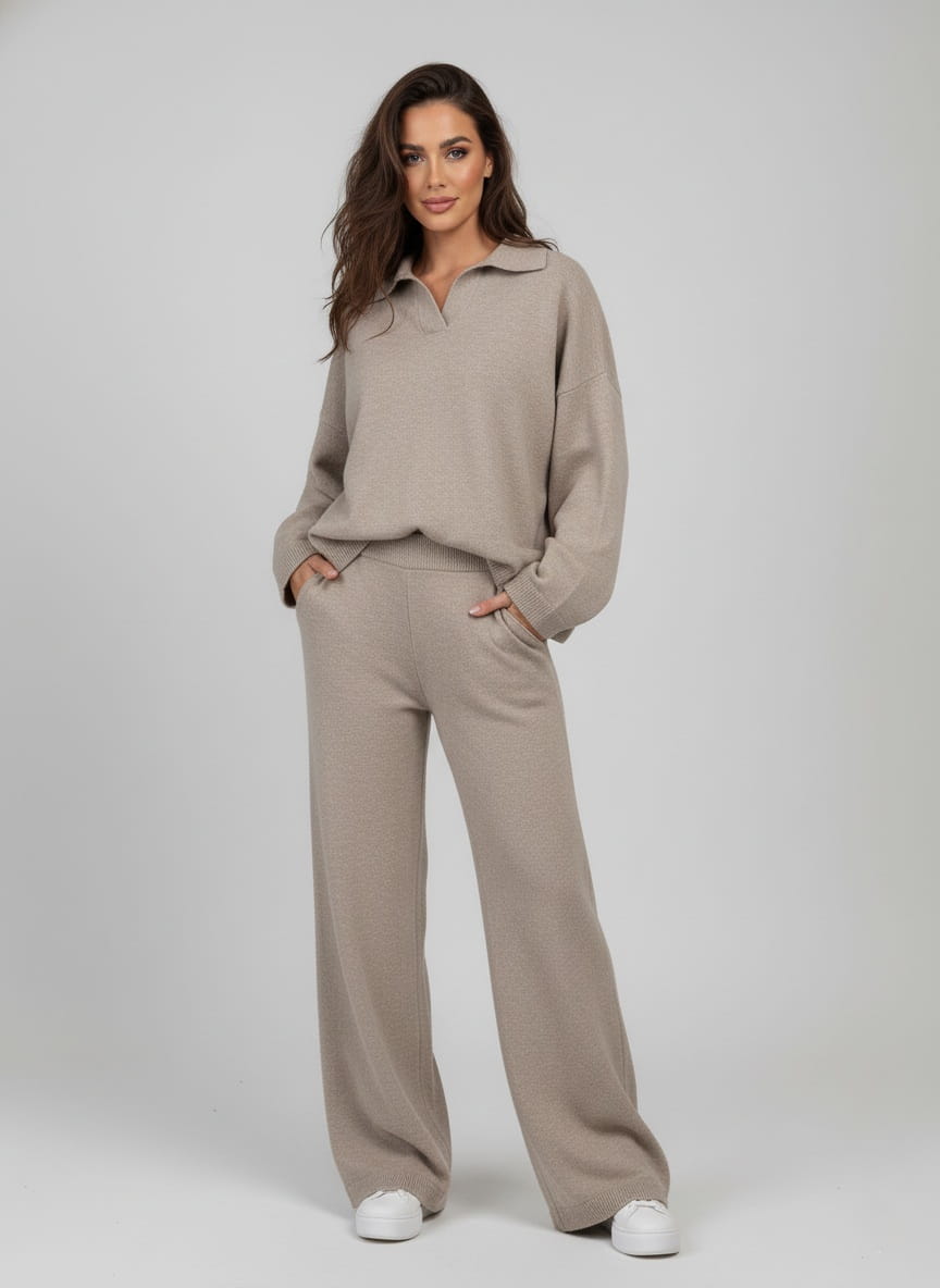 Hannah Women's Lounge Set | Relaxed Fit Collared Pullover and Wide-Leg Pants