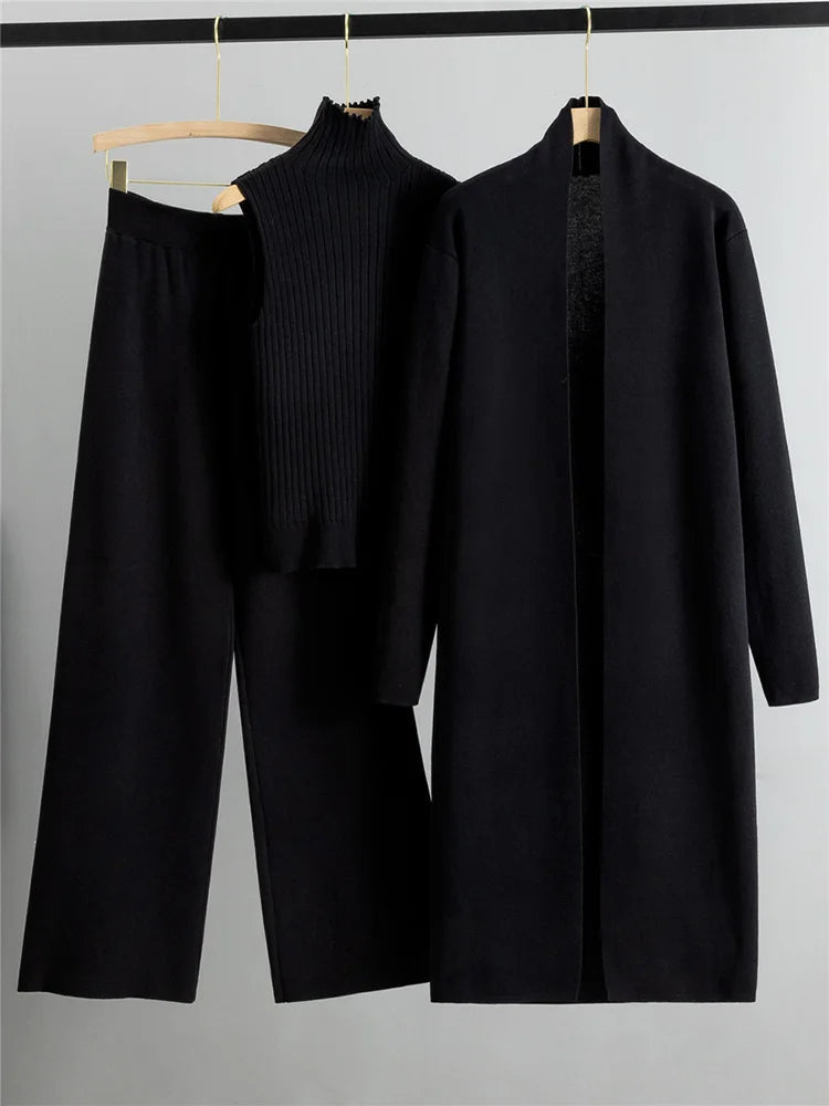 Mia Women's Suit | 3-Piece Knit Set with Sleeveless Turtleneck Vest and Cardigan