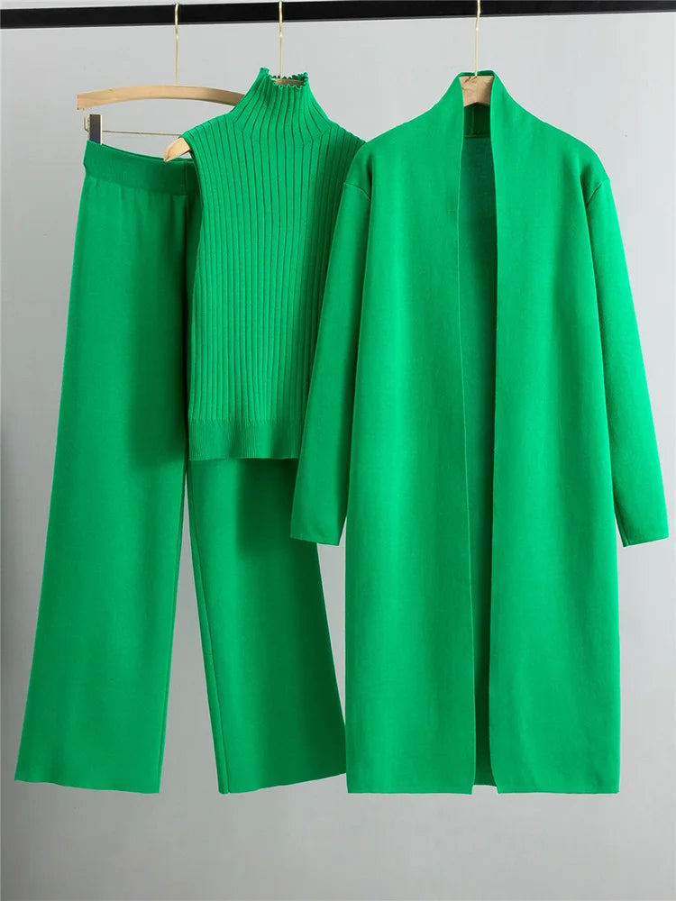 Mia Women's Suit | 3-Piece Knit Set with Sleeveless Turtleneck Vest and Cardigan