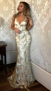 Nora Women's Evening Dress | Floor-Length Design with V-Neck and Spaghetti Straps