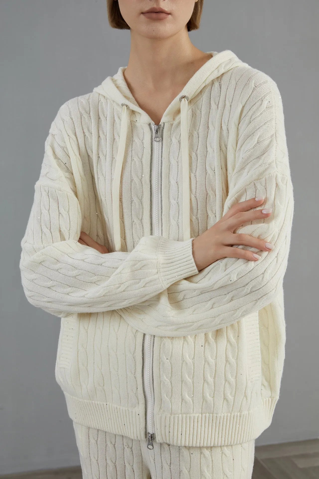 Willa Women's Knit Lounge Set | Hooded Cardigan with Beaded Detail