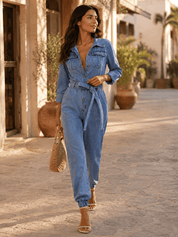 Lena Women's Denim Jumpsuit | Casual Design with Belt
